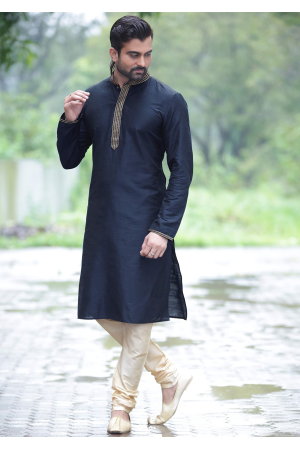 Black Color Dupion Silk And Art Silk Fabric Kurta Set